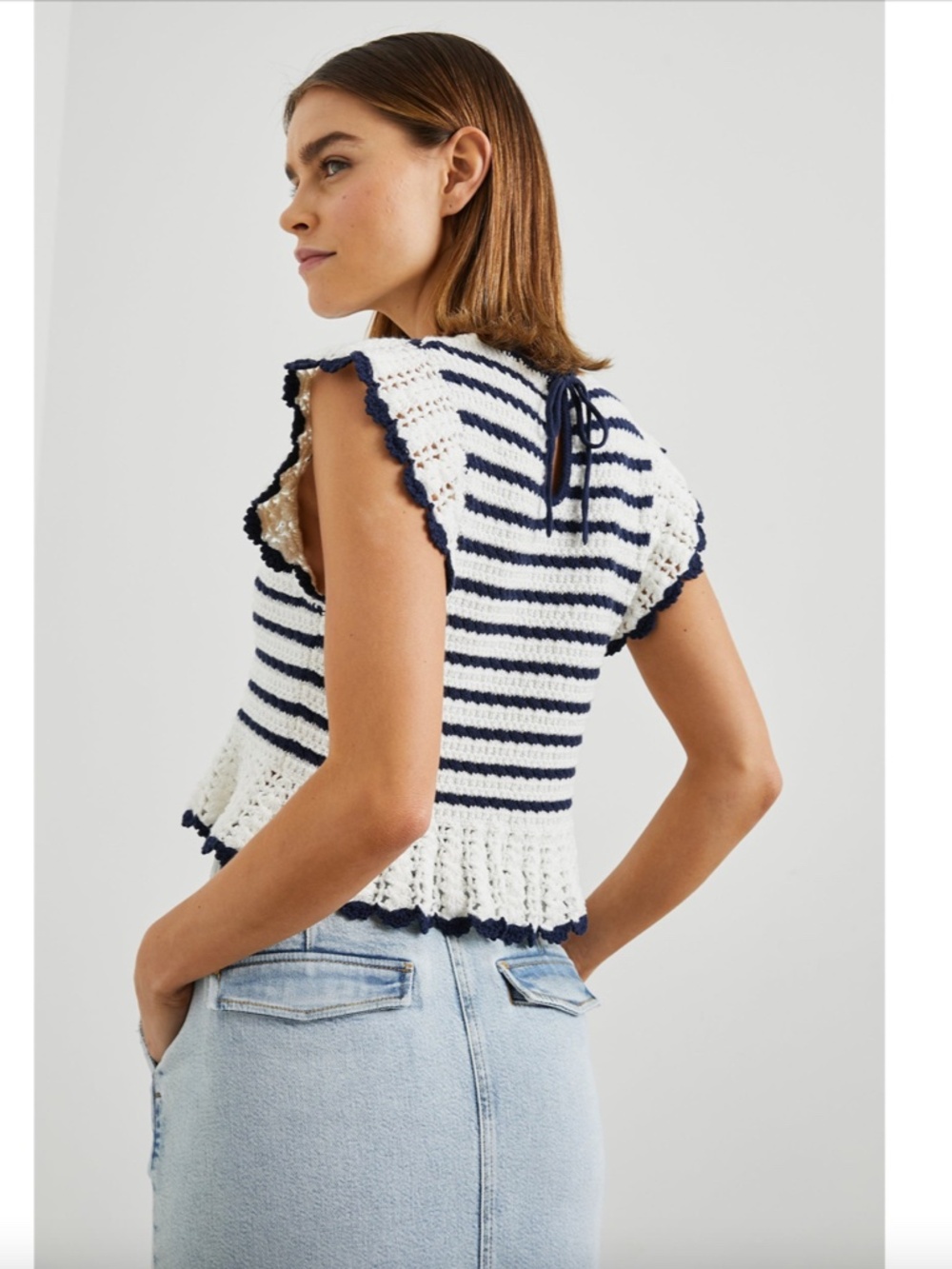Rails Coen Striped Crochet Ruffle Sleeve Top in Anadia Stripe, Small, Navy Ivory - Picture 9 of 9